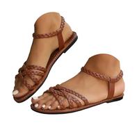 Women's Braided Leather Flat Sandals, Elastic Ankle Strap for Travel | Woven leather upper, open toe, stretch ankle band, flat sole, wide-fit profile, beach, holidays, walking, everyday wear