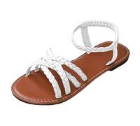 Women's Braided Leather Flat Sandals, Elastic Ankle Strap for Travel | Woven leather upper, open toe, stretch ankle band, flat sole, wide-fit profile, beach, holidays, walking, everyday wear