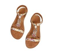 Womens Braided Sandals Summer Bohemian Beaded Elastic Ankle Strap Flats Rhinestone Flower Decor Sandals Non Slip Sole Lightweight Wedge Shoes Comfortable Open Toe Walking Slides,Coffee, Size 6.5