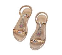 Womens Braided Sandals Summer Bohemian Beaded Elastic Ankle Strap Flats Rhinestone Flower Decor Sandals Non Slip Sole Lightweight Wedge Shoes Comfortable Open Toe Walking Slides,White, Size 6
