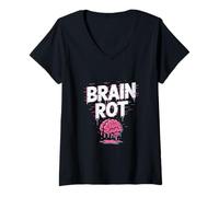 Women's Brain Rot Dripping Pink Brain Horror Vaporwave V-Neck T-Shirt