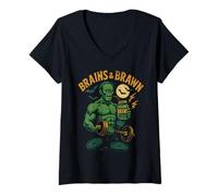 Womens Brains and Brawn Zombie Fun Vintage Halloween 90's Retro Gym V-Neck T-Shirt