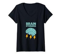 Womens Brainstorming Funny Brain Pun Thunder V-Neck T-Shirt