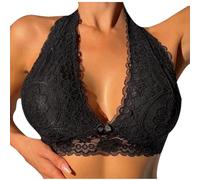 Women's Bras Non Wired Lace Low Front Bra Halter Neck Wireless Padded Bralette Comfort Wireless Push Up Bra Solid Color Full Support Seamless Everyday Bras Underwear