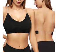 Women's Bras with Adjustable Clear Bra Straps Camisole Dance Underwear with Bratek Seamless Crop Top Built in Leisure Stretch Tops Vest Costumes Dance Sports Gym (Black, XL)