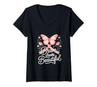 Womens Brave Looks Beautiful Breast Cancer Awareness Butterfly V-Neck T-Shirt