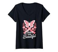 Womens Brave Looks Beautiful Breast Cancer Awareness Pink Ribbon V-Neck T-Shirt