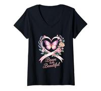 Womens Brave Looks Beautiful Breast Cancer Awareness Ribbon V-Neck T-Shirt