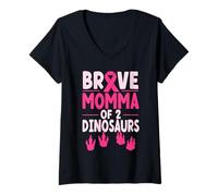 Women's Brave Momma of 2 Dinosaurs Breast Cancer Awareness V-Neck T-Shirt