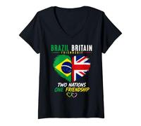Women's Brazil Britain Friendship Two Nations One Friendship Flags V-Neck T-Shirt