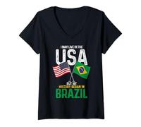 Womens Brazilian American My History Began In Brazil Pride Vintage V-Neck T-Shirt