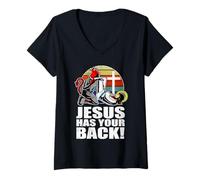 Womens Brazilian Jiu Jitsu Jesus Has Your Back Funny Christian BJJ V-Neck T-Shirt