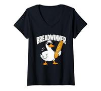 Women's Breadwinner Goose Baguette Funny Food Graphic V-Neck T-Shirt
