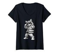 Women's Breakdancing Cat - Cat Dancing Breakdance American Flag V-Neck T-Shirt
