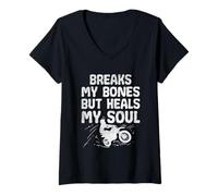 Womens Breaks My Bones But Heals My Soul Funny Dirt Biking V-Neck T-Shirt