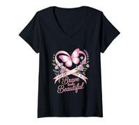 Womens Breast Cancer Awareness Brave Looks Beautiful Ribbon V-Neck T-Shirt