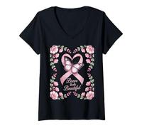 Womens Breast Cancer Awareness Brave Looks Beautiful Ribbon V-Neck T-Shirt