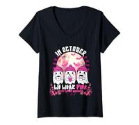 Womens Breast Cancer Awareness Ghosts Pink October Ribbon Halloween V-Neck T-Shirt