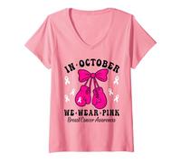 Womens Breast Cancer Awareness in October We Wear Pink Coquette Bow V-Neck T-Shirt