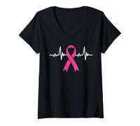 Womens Breast Cancer Awareness Month Pink Ribbon Heartbeat V-Neck T-Shirt