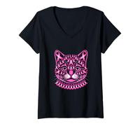 Womens Breast Cancer Awareness Pink Ribbons Cat Face Shape Owner V-Neck T-Shirt