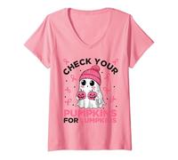 Womens Breast Cancer Halloween Boo Ghost Check Your Pumpkins Pink V-Neck T-Shirt