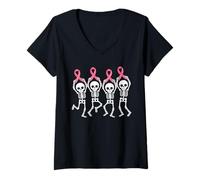 Womens Breast Cancer Pink Ribbon Dancing Skeleton Awareness V-Neck T-Shirt