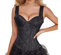 Womens Breathable Bodysuits Tummy Control Slimming Women's Lace Up Vintage Boned Bustier Corset with Garters Lace Up Boned Overbust Corset Bustier Lingerie Bodyshaper Thong Bodysuit (Black, L)