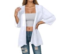 Women's Breathable Cardigan Lightweight Summer Jacket Elegant Kimono Thin Cardigan Chiffon Beach Shirt Loose Bikini Cover Up Tops 3/4 Sleeve Coat Long Casual Shirt Swimwear, O White, S