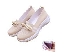 Women's Breathable Knit Slip-On Sneakers with Bow, Lightweight Low-Top Casual Orthopedic Walking Shoes with Arch Support (Beige, Adult, Women, 3, Numeric, UK Footwear Size System, Medium)