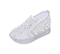 Women's Breathable Lace Mesh Floral Embroidered Round Toe Platform Casual Shoes Comfortable Slip On for Daily Wear 253 Silver