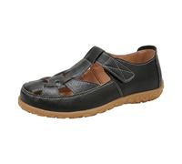 Women's Breathable Leather Loafers Hollow Out Mary Jane Flats Lightweight Walking Shoes with Hook and Loop Strap for Casual Summer Wear Black