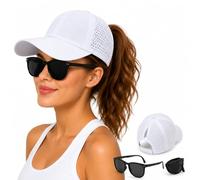 Women's Breathable Mesh Baseball Cap & Black Sunglasses, Ponytail, White