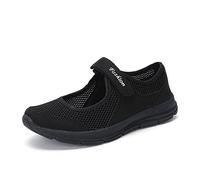 Womens Breathable Mesh Mary Jane Walking Shoes Lightweight Trainers with Adjustable Strap, Ladies Comfort Sneakers with Cushioned Sole, Non Slip Wedge Sports Shoes for Summer Workout Travel Black