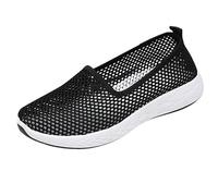 Women's Breathable Mesh Slip On Shoes Round Toe Non Slip Soft Sole Lightweight Flying Weave Casual Flats Shallow Mouth Arch Support Orthopedic Shoes Outdoor Indoor Leisure Slippers Black