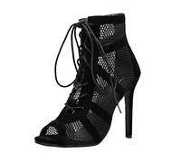 Womens Breathable Sandals Ladies Black Mesh Party Eveing Ankle Boots Lace up Stiletto High Heels