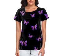 Womens Breathable Short Sleeve Butterfly Print Shirt Tee Tops with Pockets Spandex T Shirts for Women Purple
