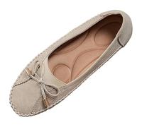 Women's Breathable Vintage Style Leather Loafers, Bow-Knot Round Toe Flats Orthopedic Comfort Slip on Driving Shoes (Beige,36EU)