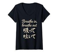 Womens Breathe in Breathe Out Japanese Kanji Letter Motivational V-Neck T-Shirt