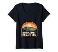 Womens Breathe The Island Sky Tropical Mountain Sunset Birds V-Neck T-Shirt