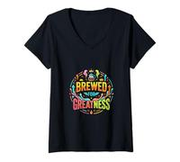 Women's Brewed for Greatness Coffee Motivation Graphic V-Neck T-Shirt