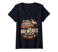 Women's Breweries are Calling Adventure Woody Van Road Trip Tee V-Neck T-Shirt