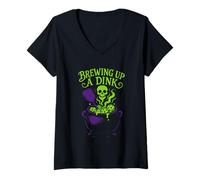 Women's Brewing Up A Dink Pickleball Spooky Skull V-Neck T-Shirt