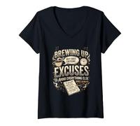 Women's Brewing Up Excuses Retro Café Procrastination Design V-Neck T-Shirt