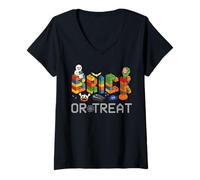 Womens Brick Or Treat Brick Master Builder Block Building Halloween V-Neck T-Shirt