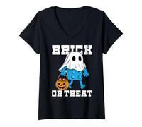 Womens Brick Or Treat Builder Block Building Halloween Brick Master V-Neck T-Shirt