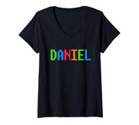 Womens Bricks Theme Daniel Boys Name Custom Preschool Blocks V-Neck T-Shirt