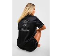 Womens Bridal 'Maid Of Honour' Satin Embroidered Short Sleeve Shirt & Shorts Pyjama Set - Black - 12, Black