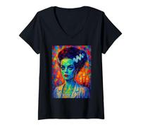 Women's Bride and Frankenstein The Lover Halloween Matching Couple V-Neck T-Shirt