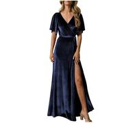 Women's Bridesmaid Dress with Flutter Sleeve Formal Dresses Long Velvet Navy Blue Wedding Guest Dress Maternity Photography Gown UK20